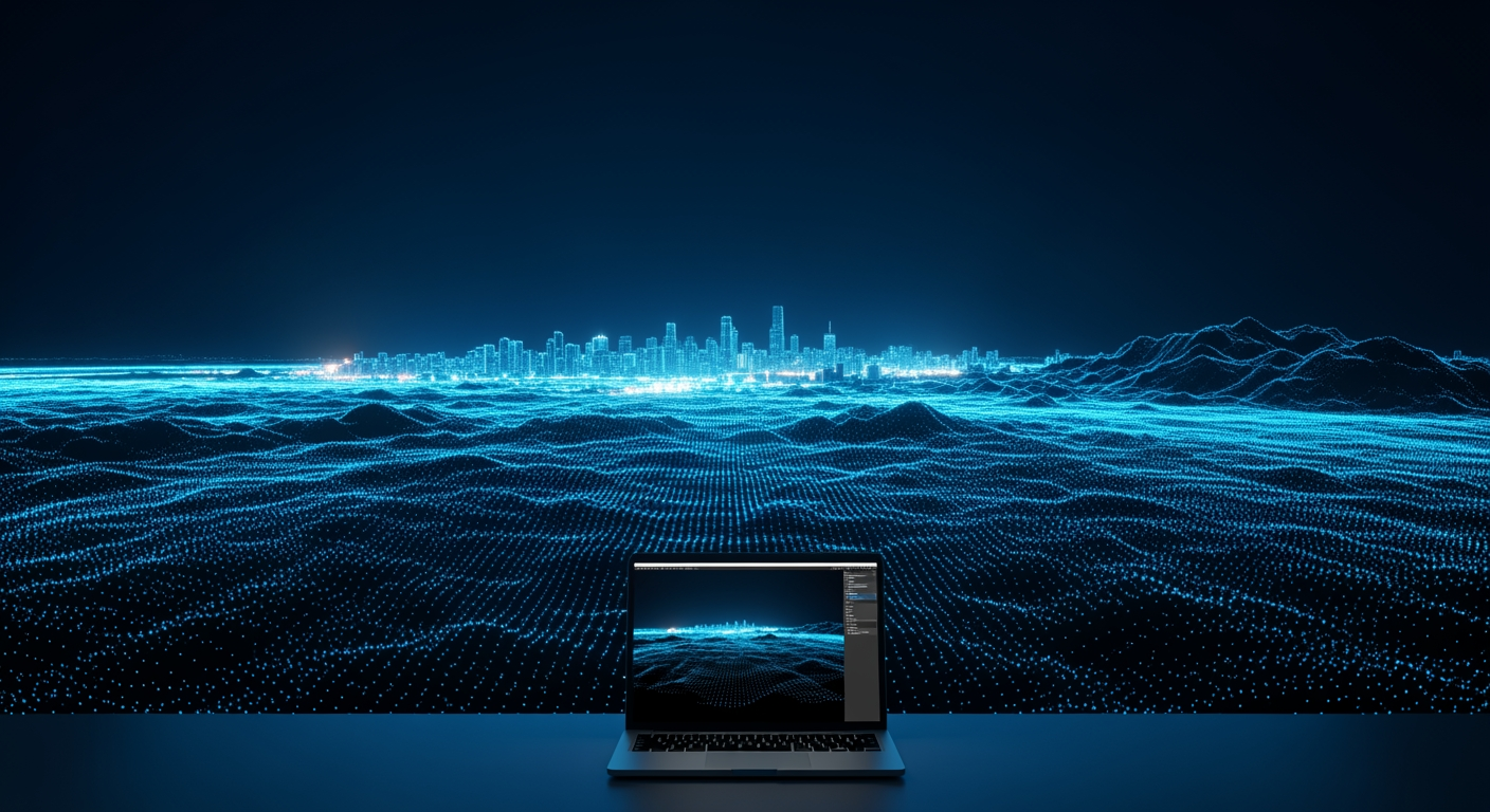A glowing LiDAR point cloud of a city skyline rendered on a standard laptop in a dark room.