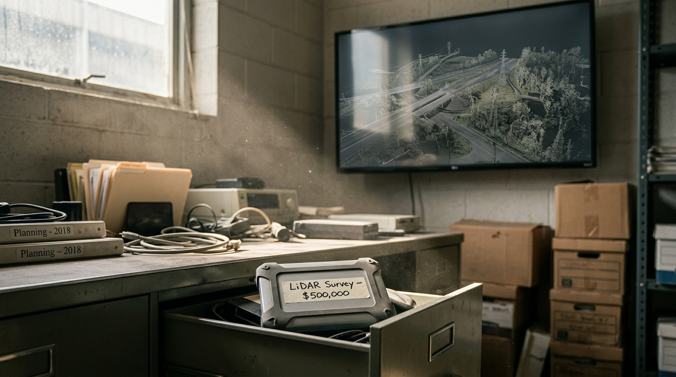 A hard drive in a desk drawer beside an unopened LiDAR point cloud dataset.
